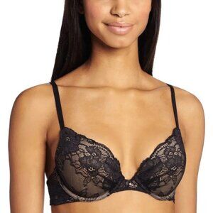 Maidenform Comfort Devotion 09443 Black Lace Bra 36D Black Nude Floral Flawed